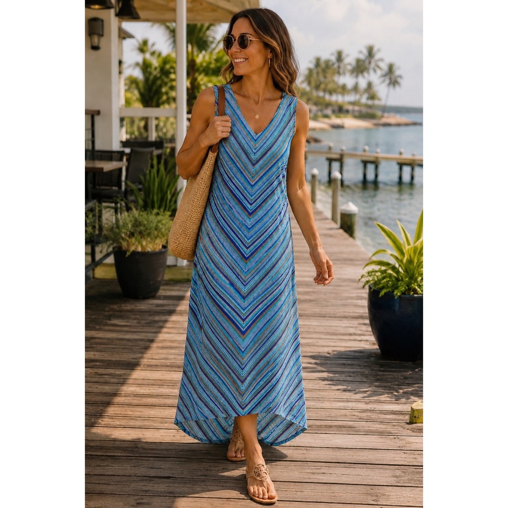 Apt. 9 Maxi Dress Sz XL Sleeveless Criss Cross Back Striped Blue Orange Stretchy